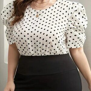 Women's Plus Size Polka Dot Print Puff Sleeve Blouse - Elegant Crew Neck